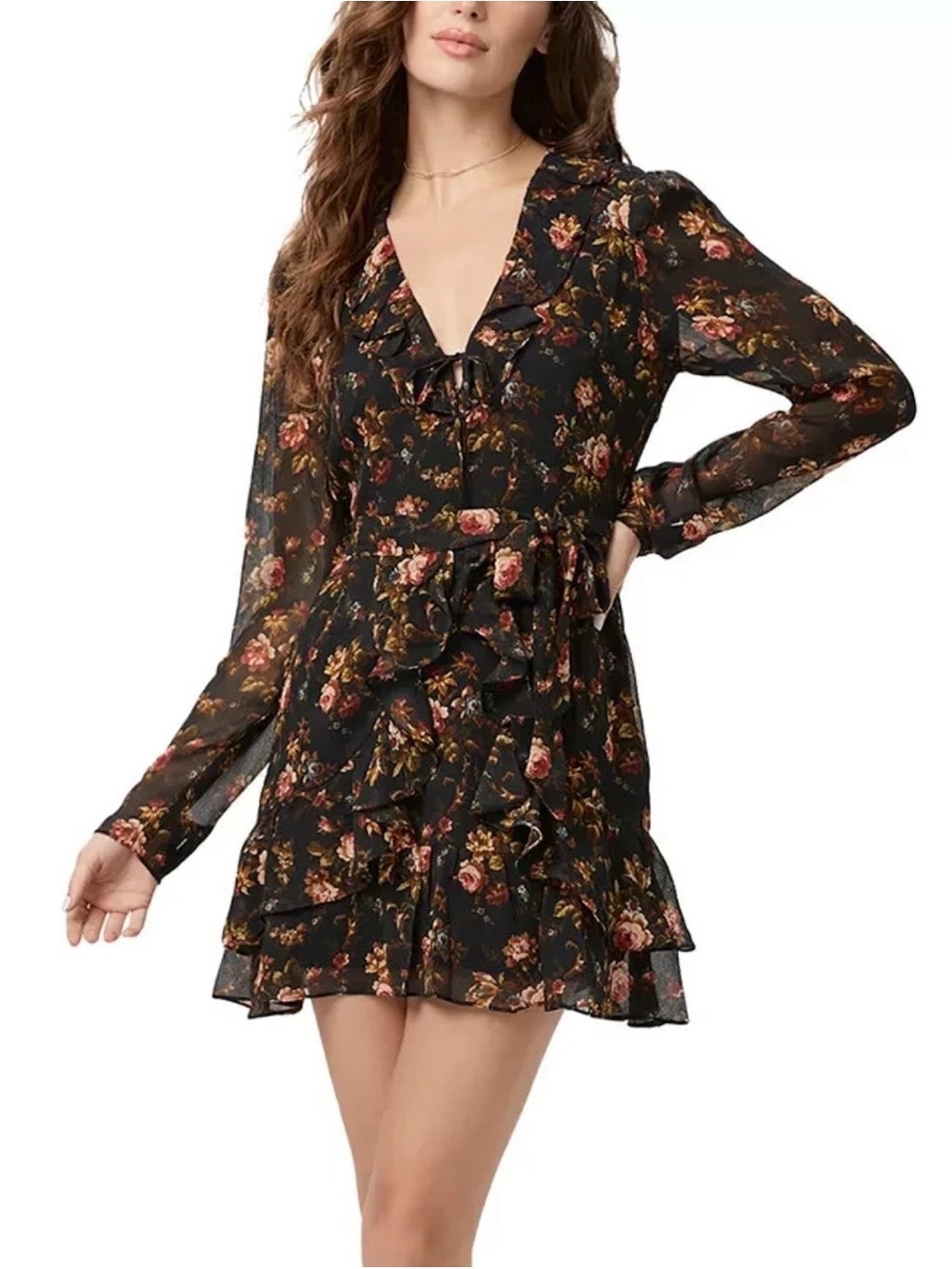 PAIGE Tamera Silk Ruffled Mini Dress in Black Floral Romantic Elegance